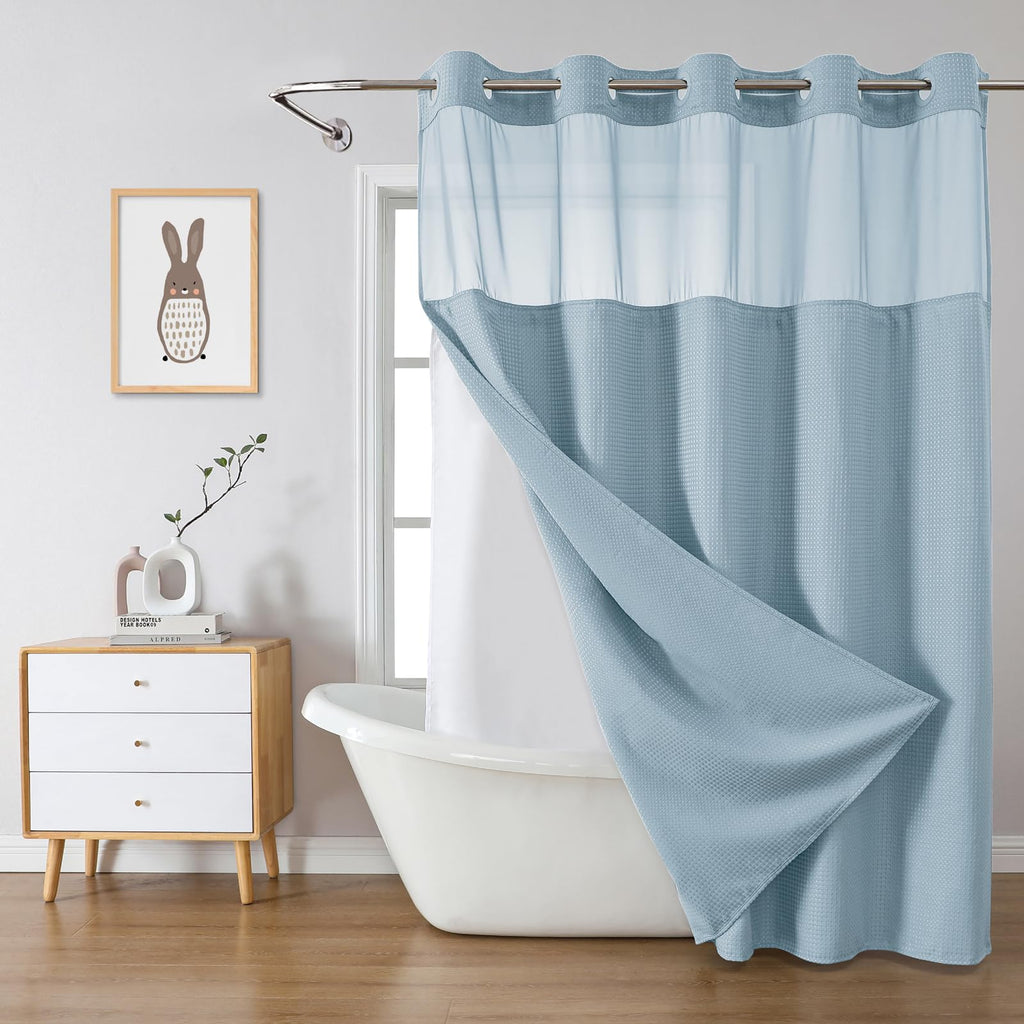 eachope No Hook Waffle Shower Curtain with Snap-in Liner, 71x74 Inch, White