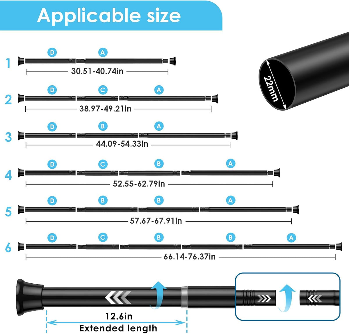 2Pcs Tension Curtain Rod 31 To 76 Inch Black Shower Curtain Rod