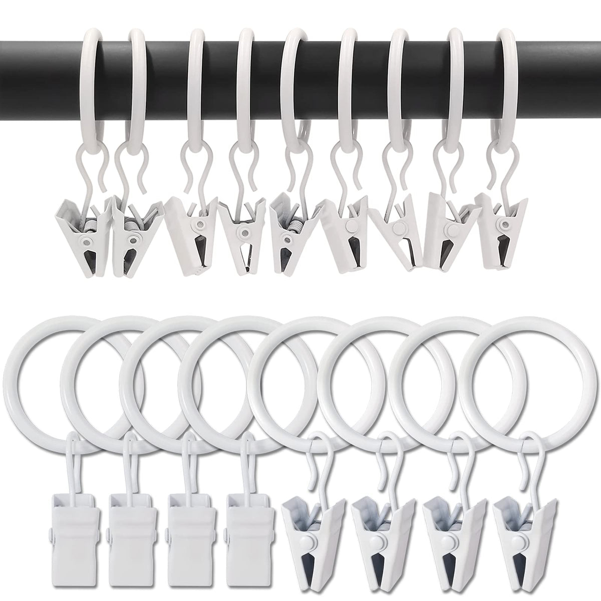 40 Pack Curtain Rings with Clips, Drapery Clips with Rings, Drapes Rings 1.26 in Interior Diameter, Fits up to 1 in Curtain Rod, Black
