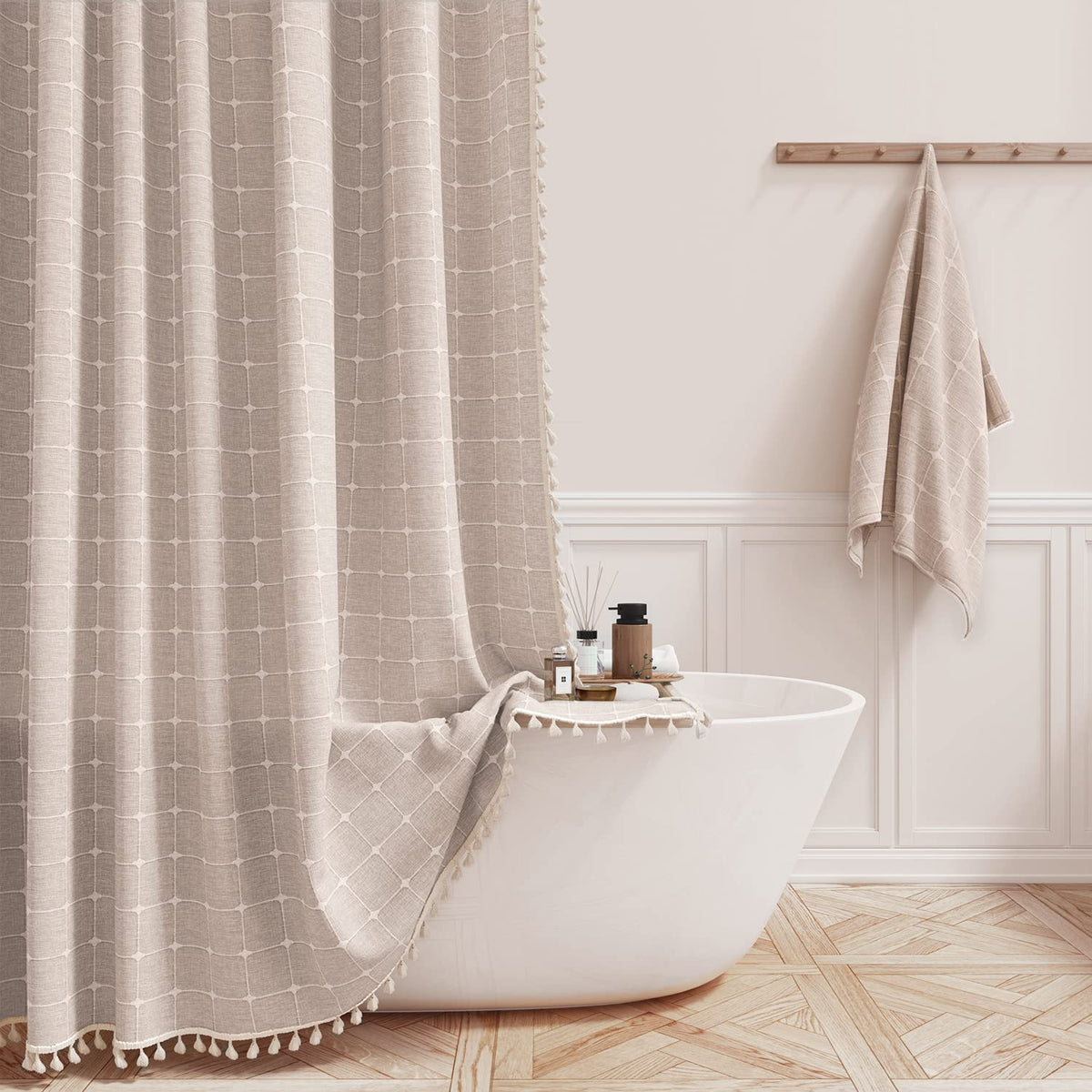 BTTN Sage Green Boho Farmhouse Linen Heavy Duty Shower Curtain Set, 72x72