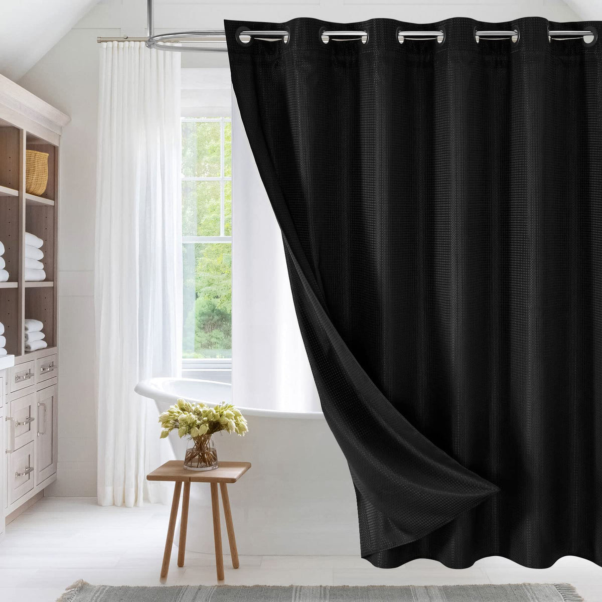 No Hook Weave Fabric Shower Curtain with Snap-in Liner White,72x74