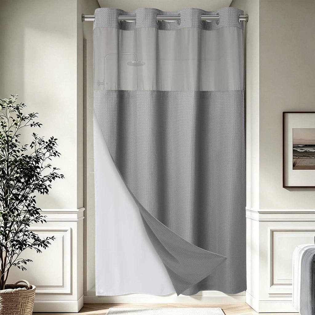256GSM Heavyweight Ringless Waffle Shower Curtain with Liner, 71x74, White