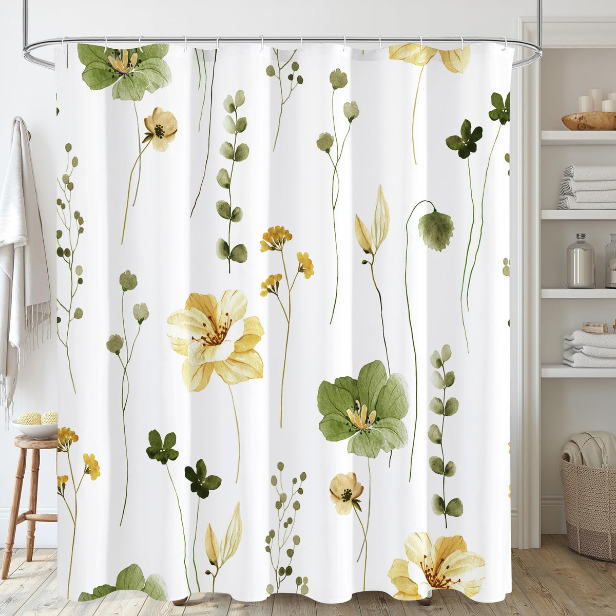 Gibelle Blue Yellow Watercolor Floral Fabric Shower Curtain, 72x72