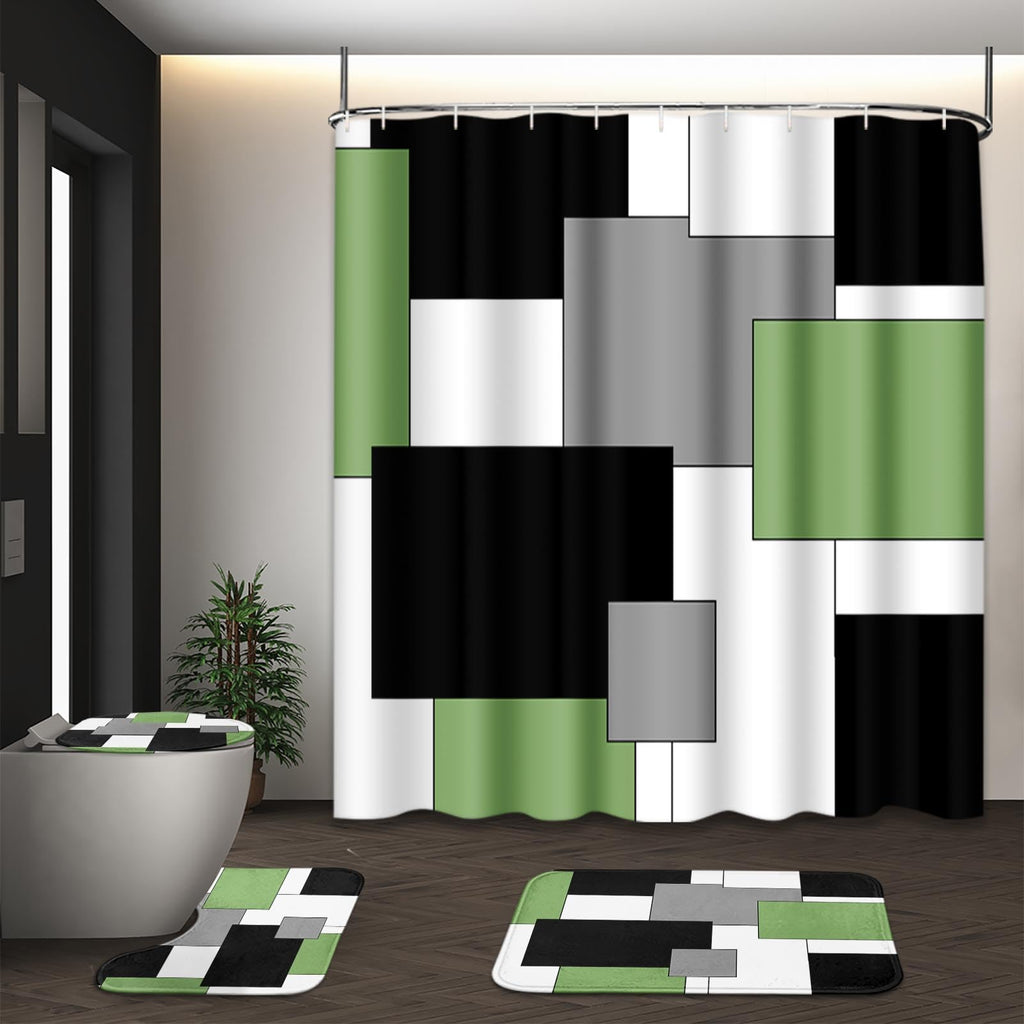 Bathroom Sets with Shower Curtain and Rugs, Set of 4, Checkered