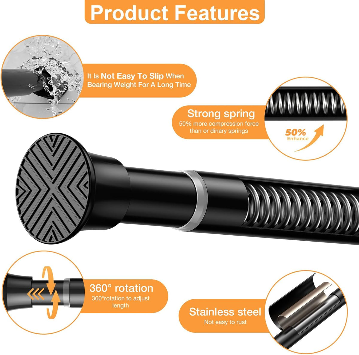 2Pack Tension Curtain Rod 30 to 62Inch, Black Spring Tension Rod Adjustable Shower Curtain Rods No Drilling Expandable Spring Curtain Rods for Windows,Doorway,Bathroom,Closet,7/8" Diameter