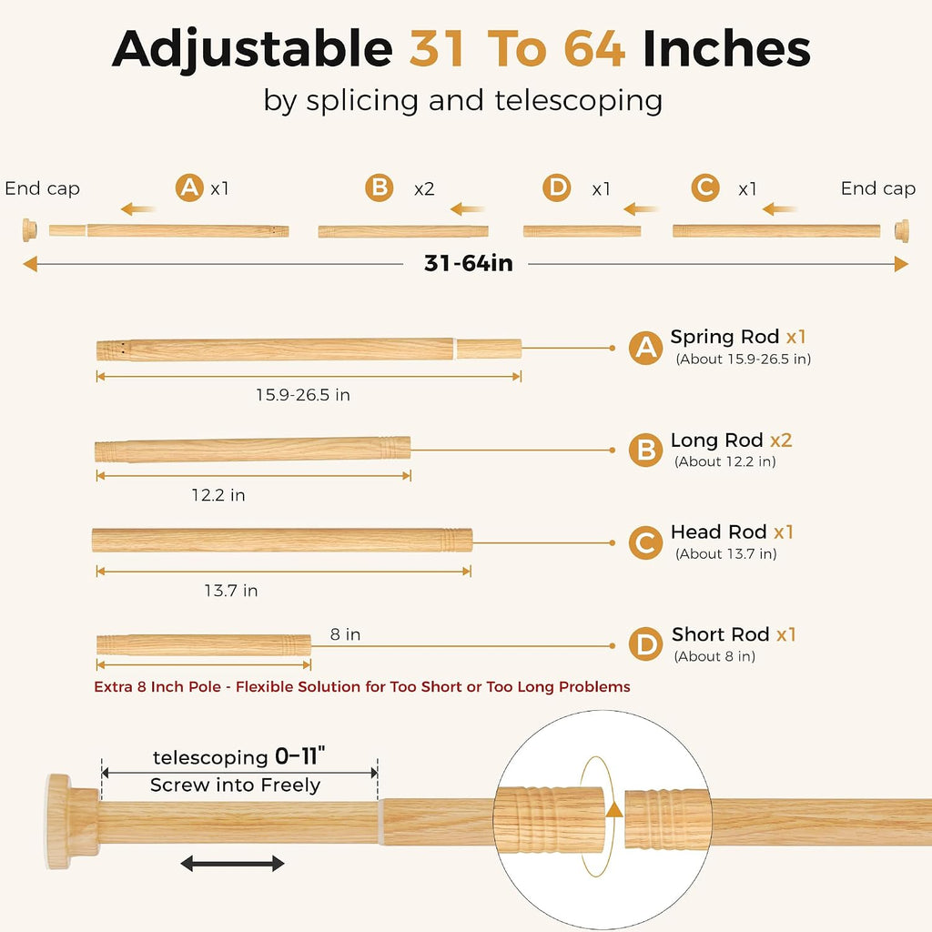 Wood Grain Shower Curtain Rod 31-64 Inch,Heavy Duty Tension Rod,No Drill