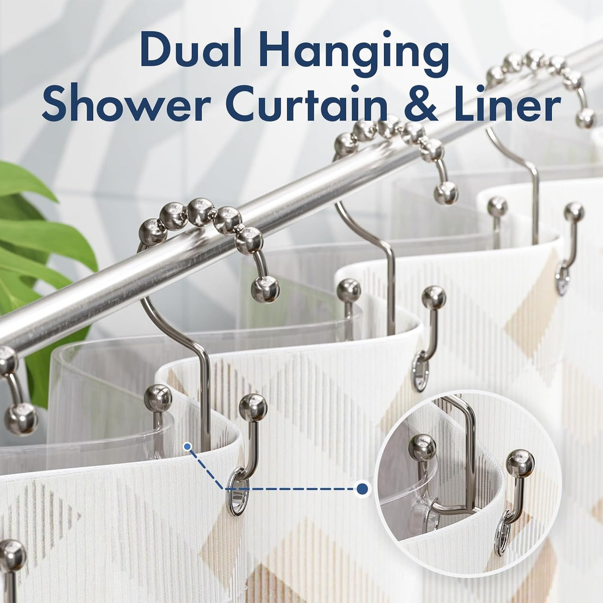 Bathway Shower Curtain Hooks Nickel Shower Curtain Rings, 12 Pcs Double Hook Shower Curtain Hooks Rings Shower Curtain Hangers Rust Proof, Metal Shower Hooks for Bathroom Shower Curtain Rod