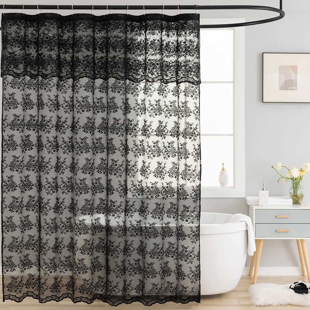 TUDECO Lace Brown Shower Curtain with Attached Valance, 72 x 72 Inch
