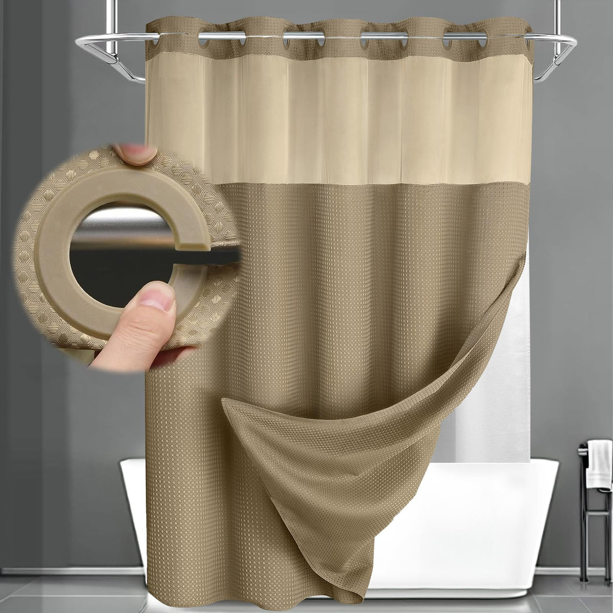 No Hook Shower Curtain with Liner Set Hotel Waffle Curtain White 72W X 75L