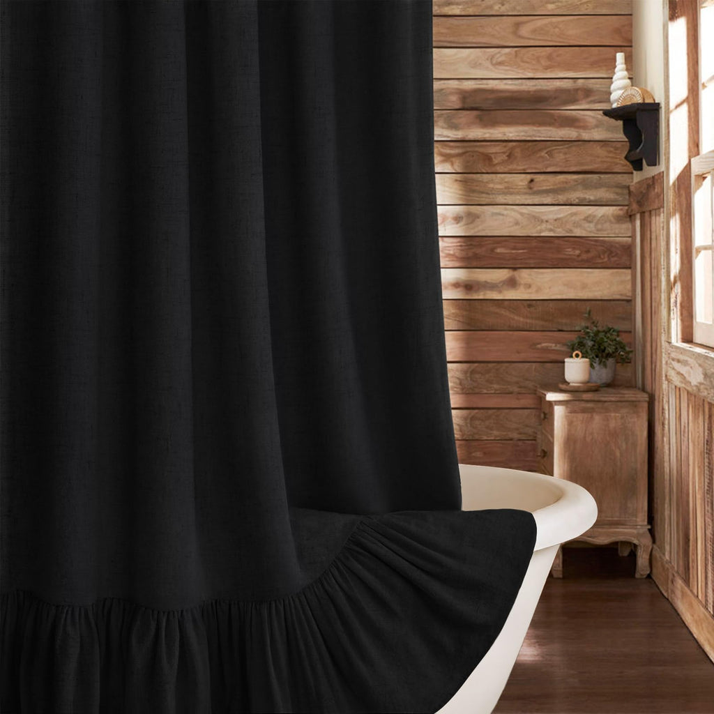 Farmhouse Shower Curtain Ruffle Linen Cream-Brown Stripe 72"W x 84"L