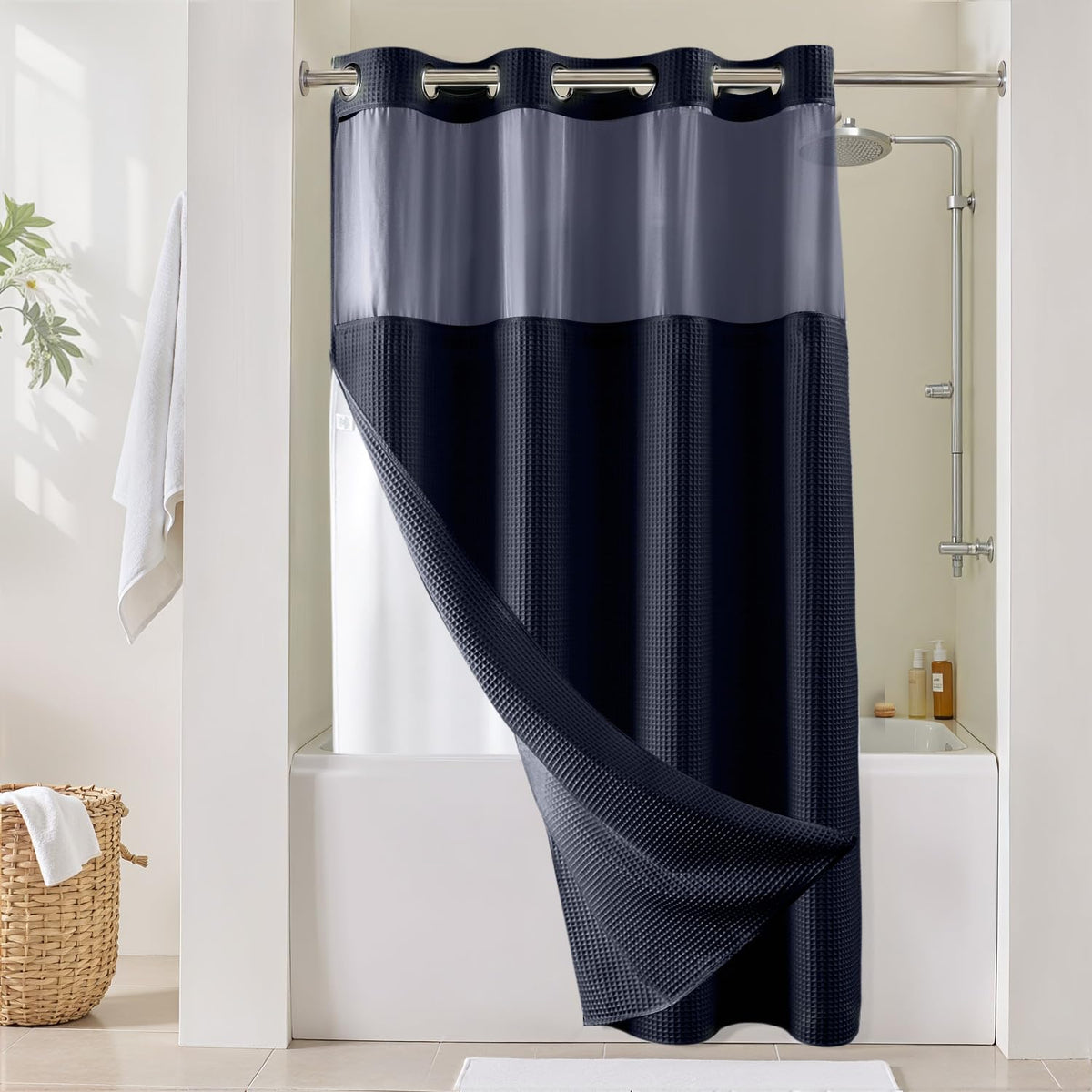 River Dream Cotton Blend Fabric Shower Curtain Set with Liner, White, 54x80