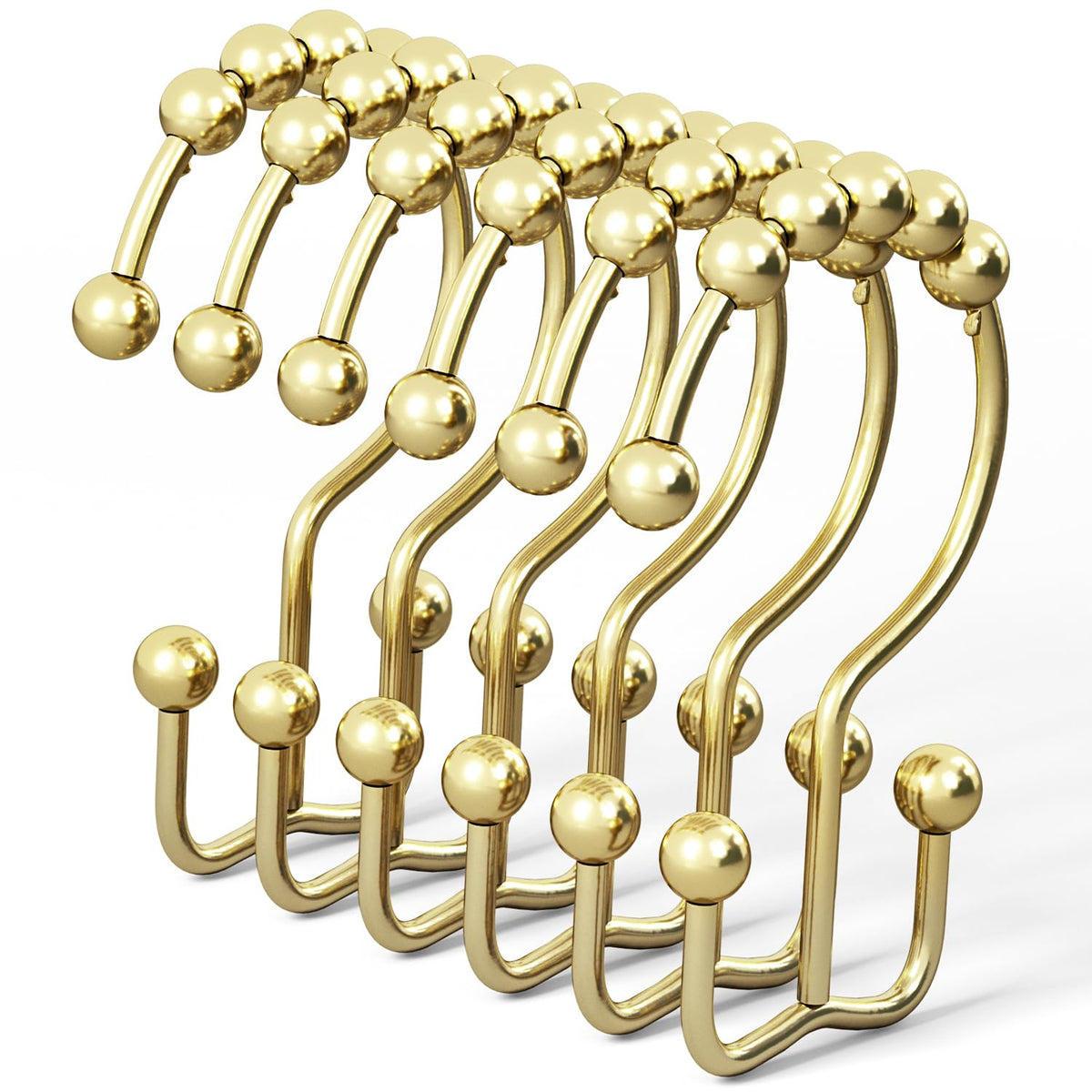 DAWNER Shower Curtain Hooks, Rust Proof Metal Easy Glide Double Rings, Stainless Steel Hangers for Bathroom Curtains, Set of 12, Brushed Nickel