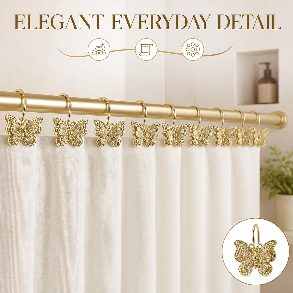 Gold Butterfly Shower Curtain Hooks, Rust Proof Metal for Bathroom 12PCS
