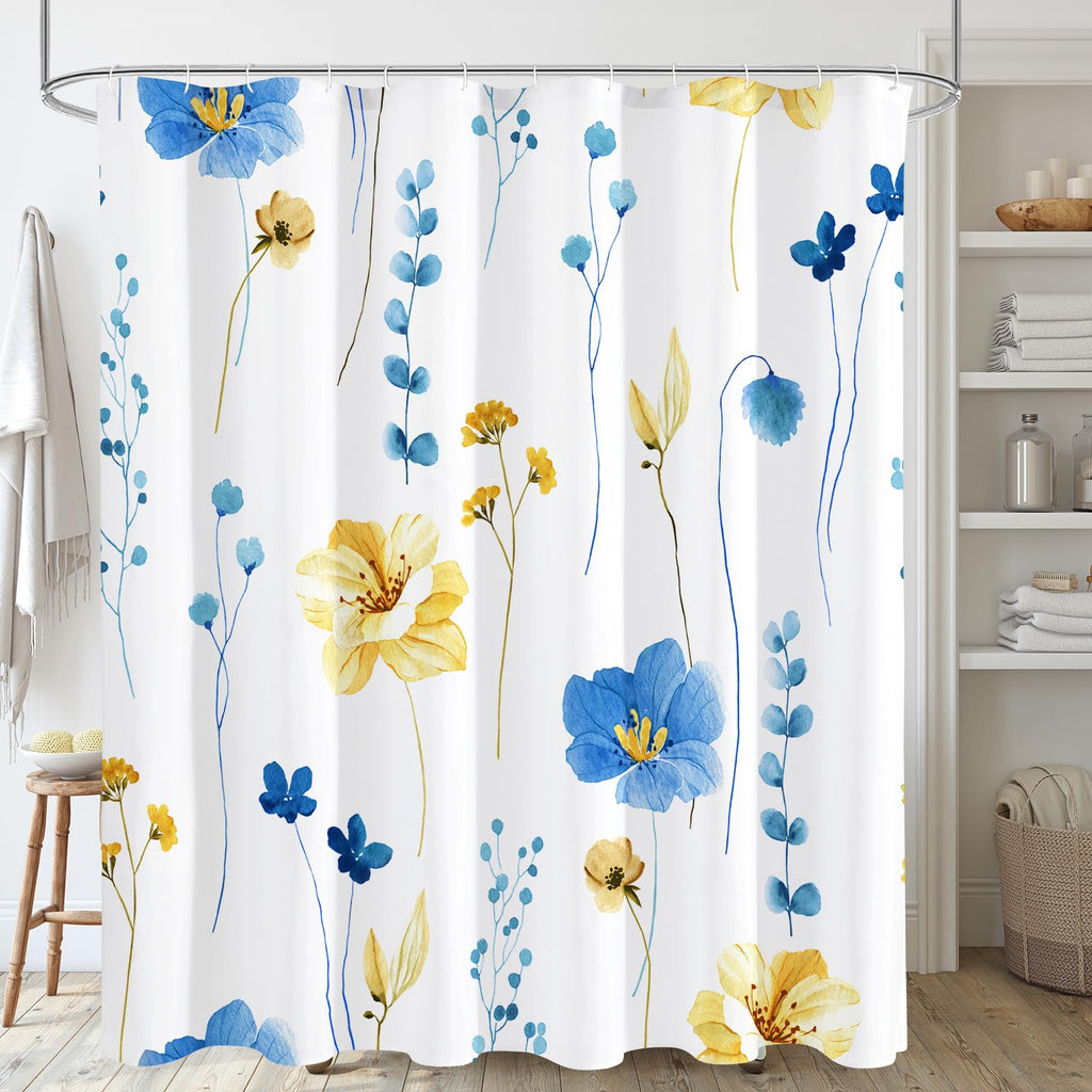 Gibelle Blue Yellow Watercolor Floral Fabric Shower Curtain, 72x72