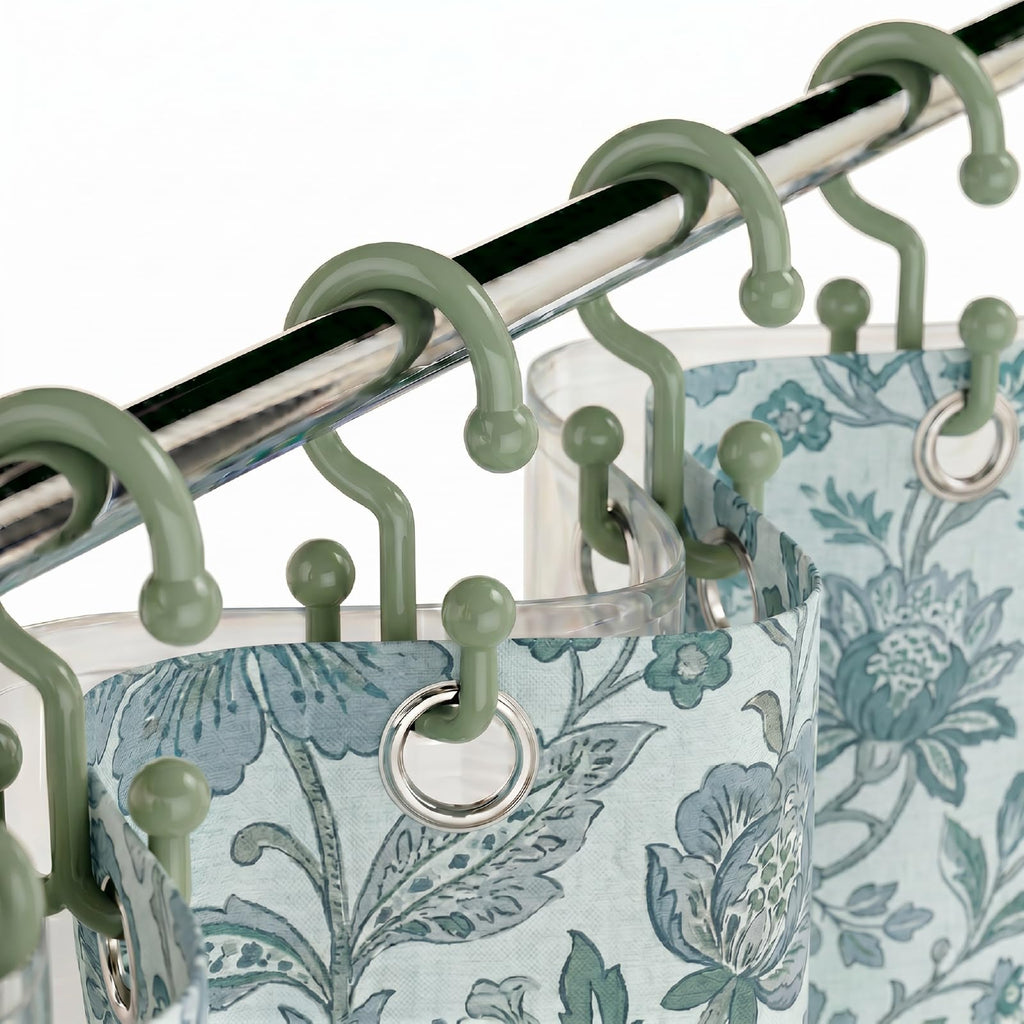 Bathway Green Shower Curtain Hooks, 12 Plastic Double Shower Curtain Rings