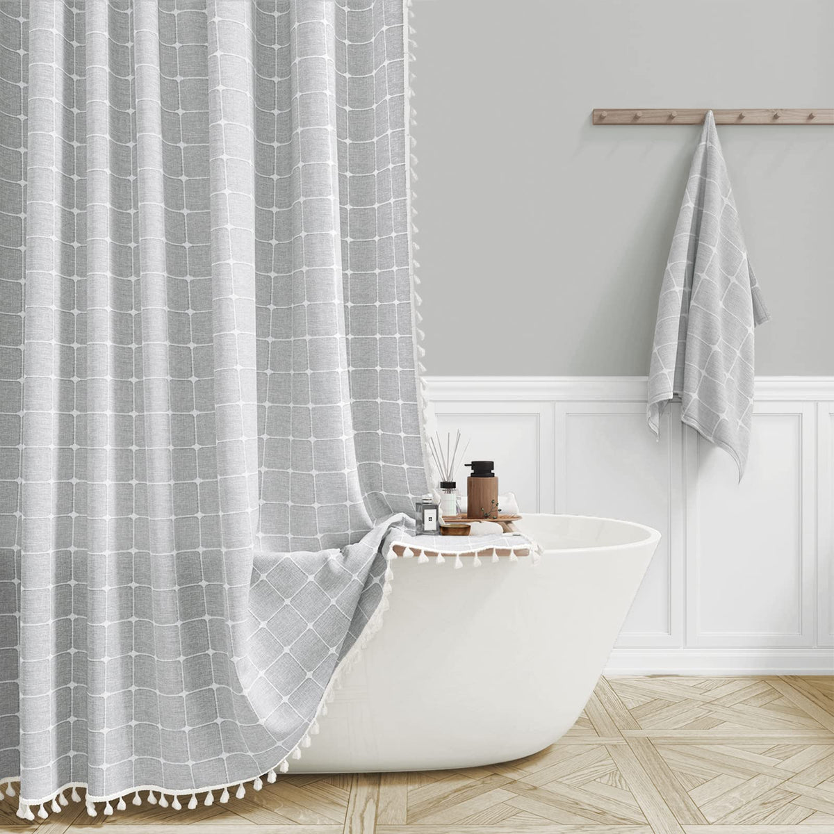 BTTN Sage Green Boho Farmhouse Linen Heavy Duty Shower Curtain Set, 72x72