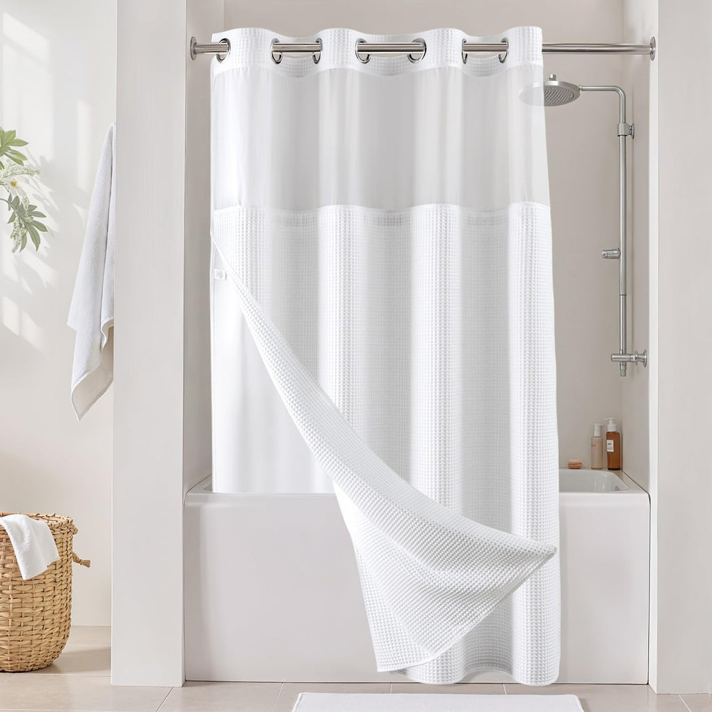 River Dream Cotton Blend Fabric Shower Curtain Set with Liner, White, 54x80