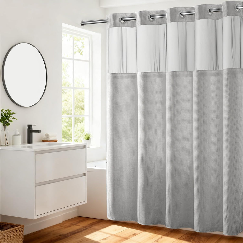 River Dream Waffle No Hook Shower Curtain with Liner,Navy Blue,71x74