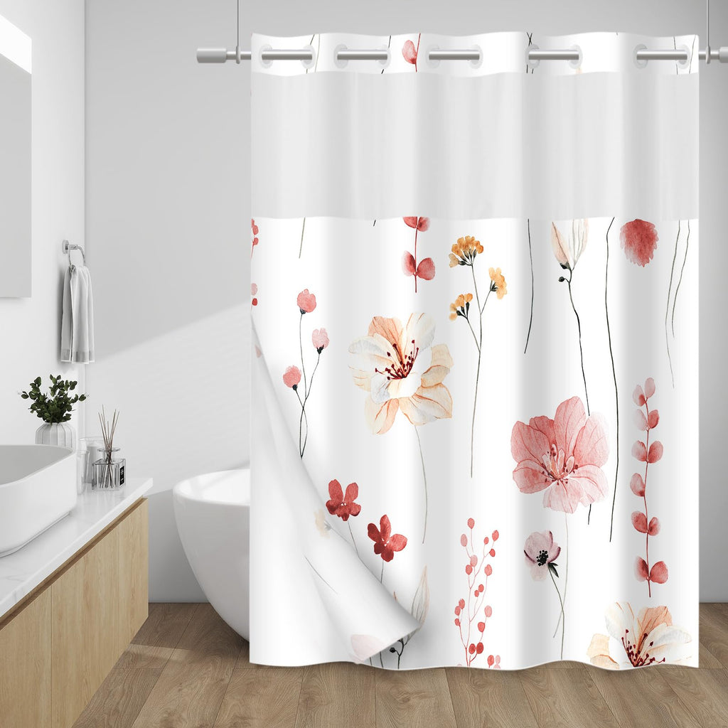 WITHLOC Hook Free Floral Shower Curtain with Liner, Blue Beige, 71x74