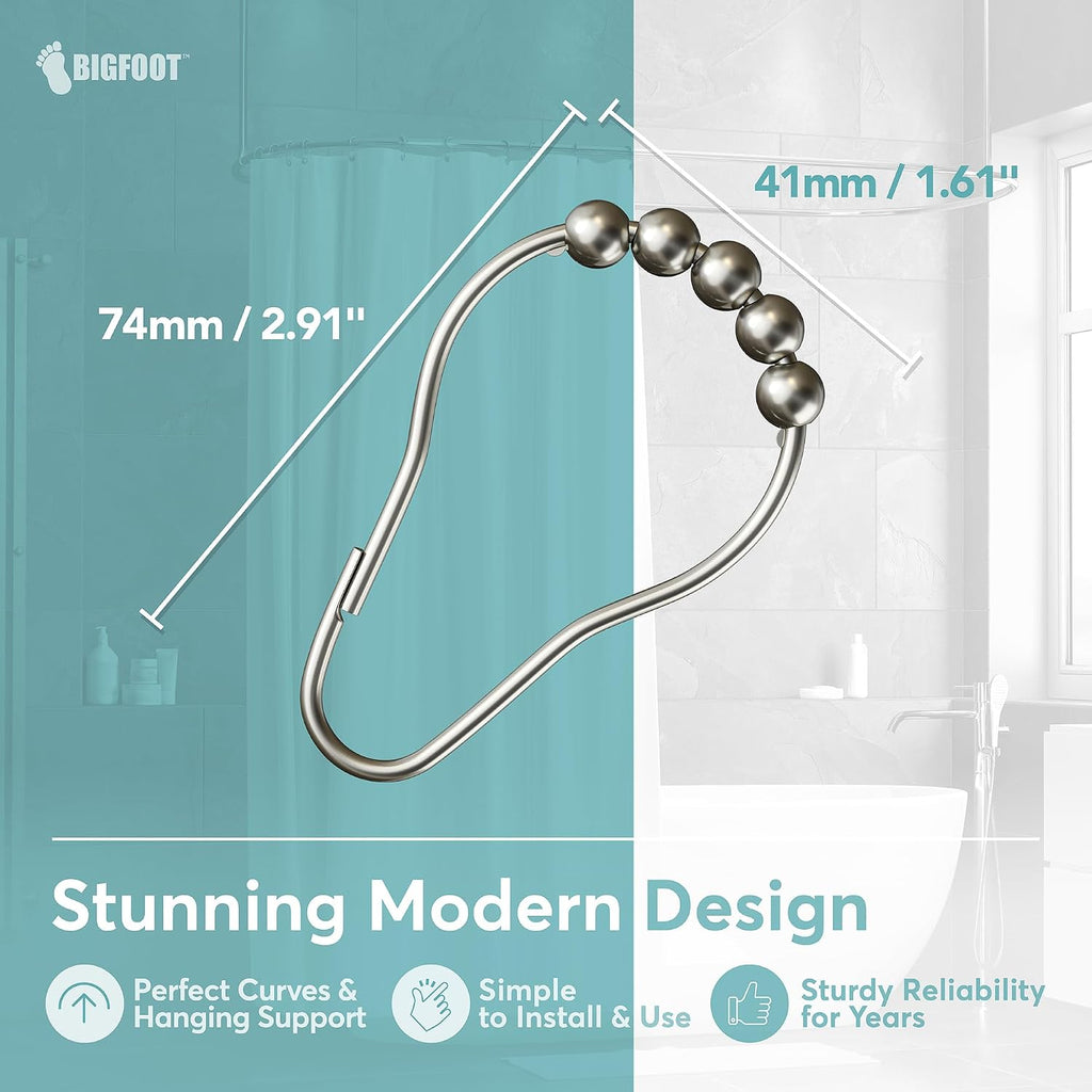 BigFoot Shower Curtain Hooks, Stainless Steel, Rust-Resistant, Easy Install