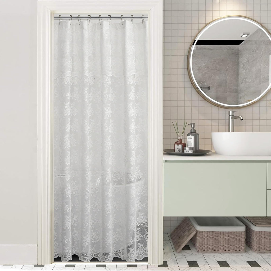 Ivory Lace Shower Curtain 72x72, Vintage Shabby Chic with Attached Valance