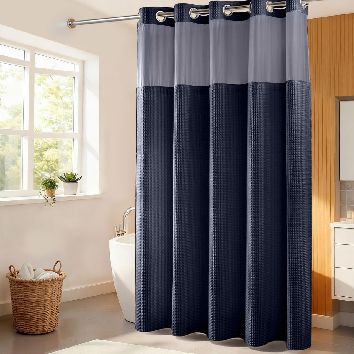 River Dream Cotton Blend Fabric Shower Curtain Set with Liner, White, 54x80