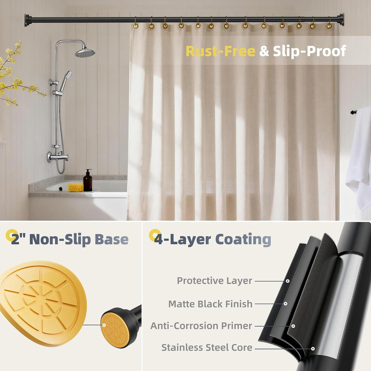 STARLATTA Shower Tension Curtain Rod 31-120", 1.1" Heavy Duty, Matte Black
