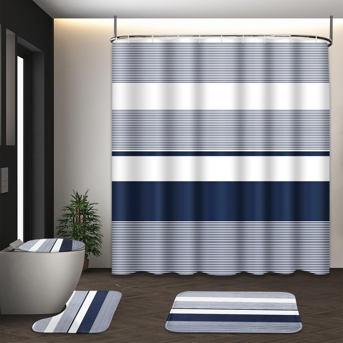 Bathroom Sets with Shower Curtain and Rugs, Set of 4, Checkered