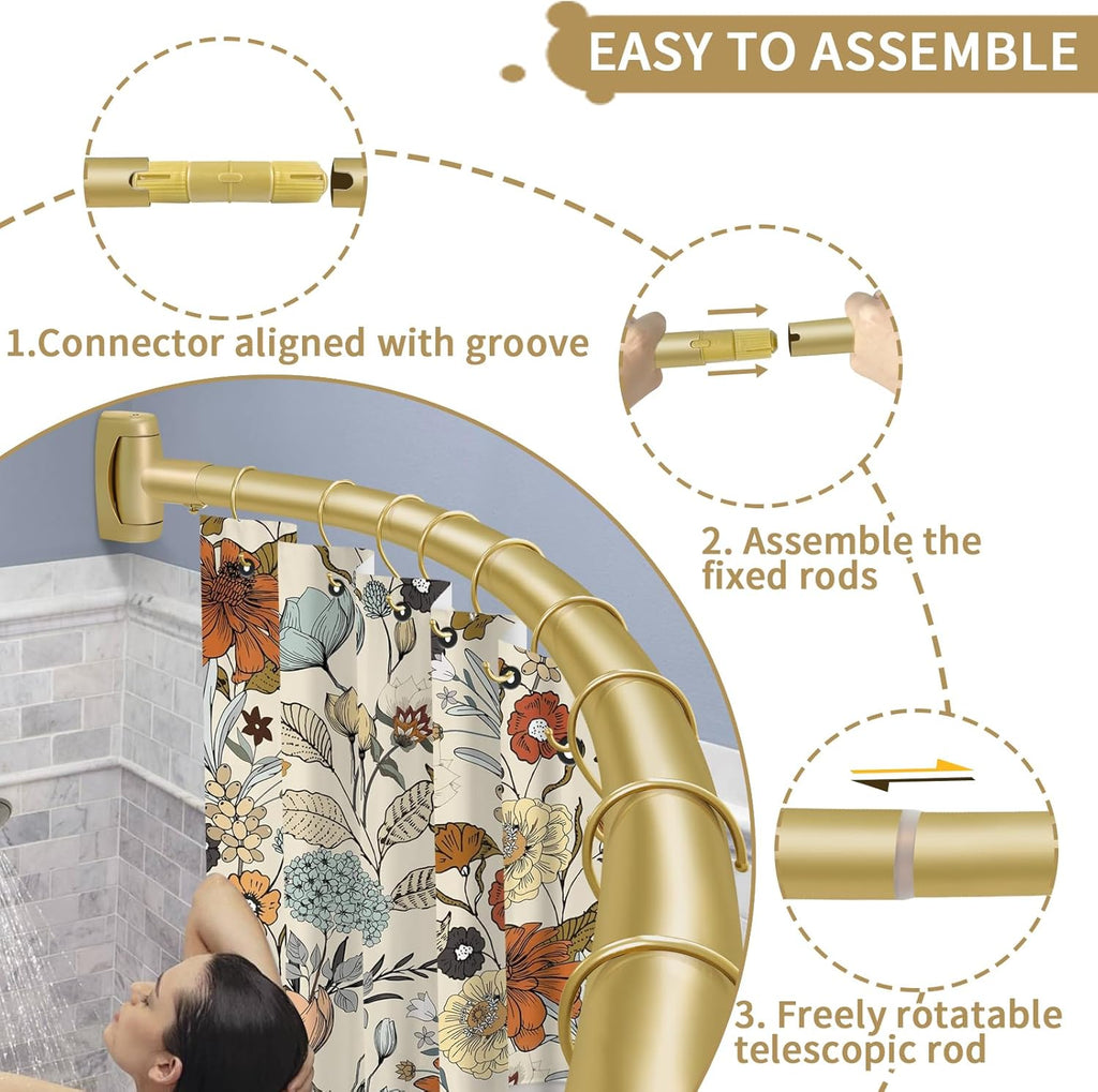 YNL Curved Shower Curtain Rod 35-82In(2.9-6.8Ft), Gold Round Rustproof Shower Rod for Bathroom Bathtub, Adjustable Arched Shower Curtain Rod, Never Rust|Extra Space|Non-Slip|Expandable|Need to Drill