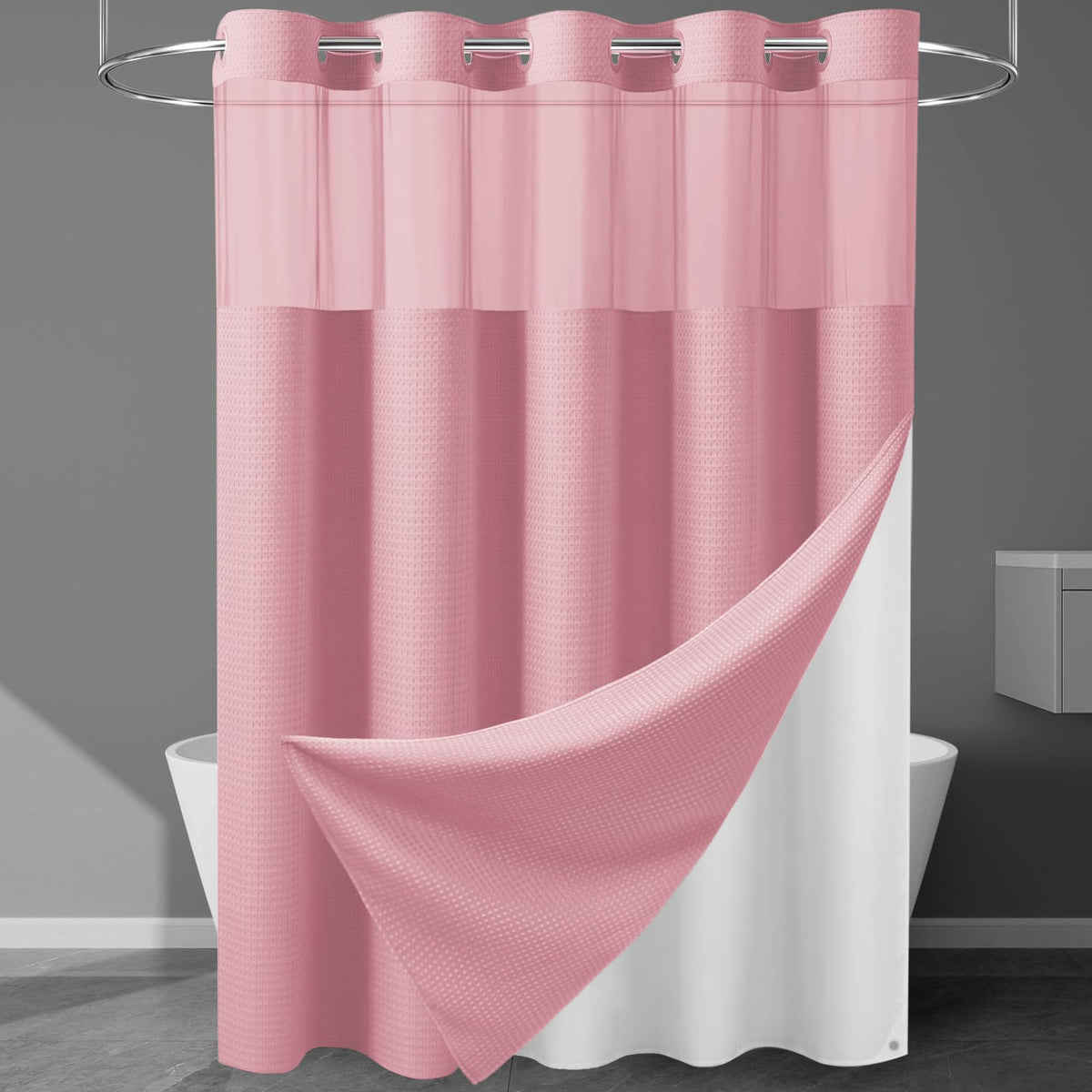 256GSM Heavyweight Ringless Waffle Shower Curtain with Liner, 71x74, White