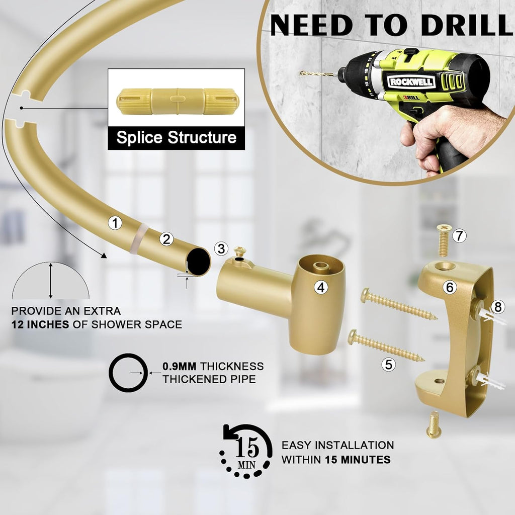 YNL Curved Shower Curtain Rod 35-82In(2.9-6.8Ft), Gold Round Rustproof Shower Rod for Bathroom Bathtub, Adjustable Arched Shower Curtain Rod, Never Rust|Extra Space|Non-Slip|Expandable|Need to Drill