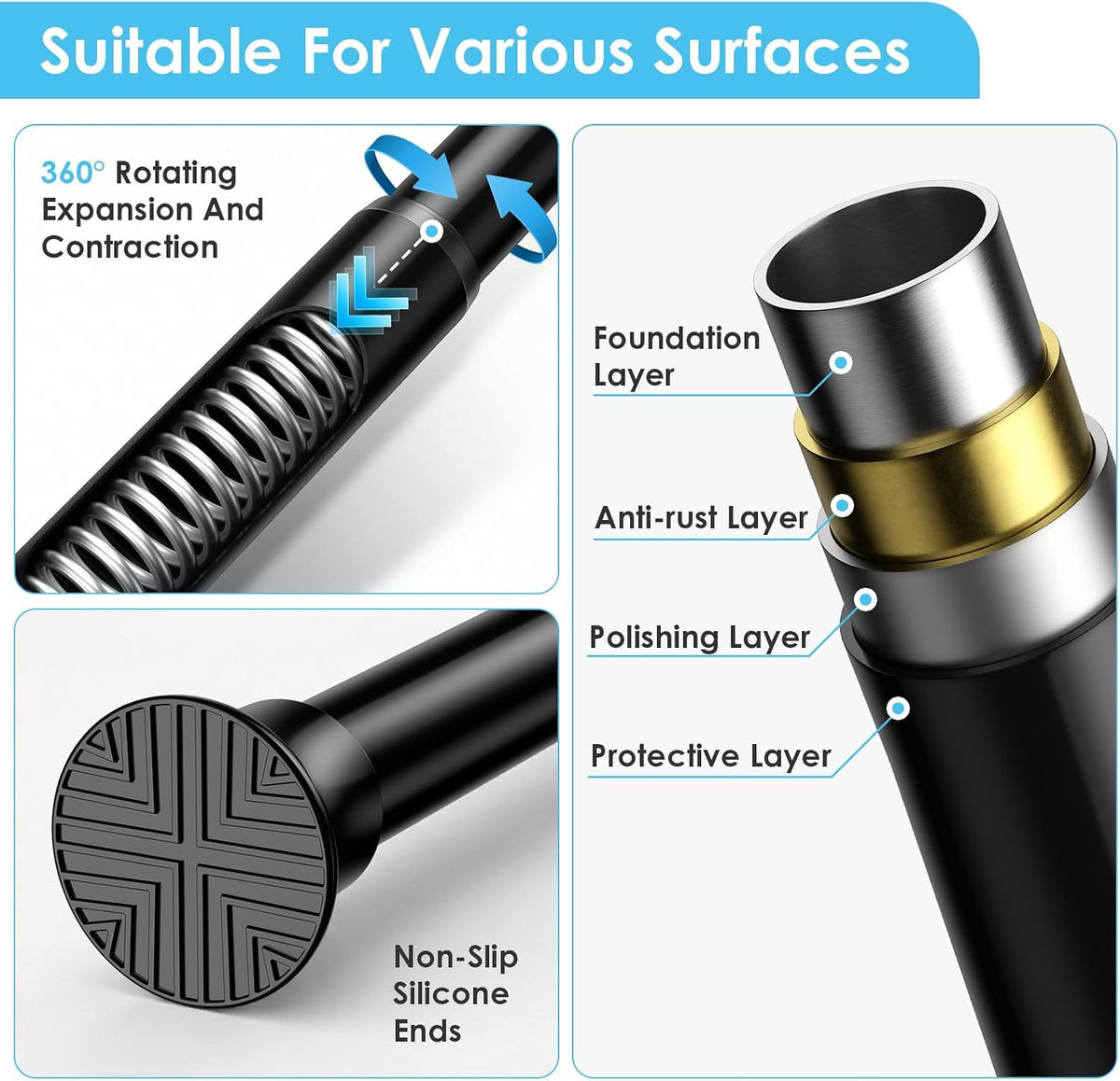 2Pcs Tension Curtain Rod 31 To 76 Inch Black Shower Curtain Rod
