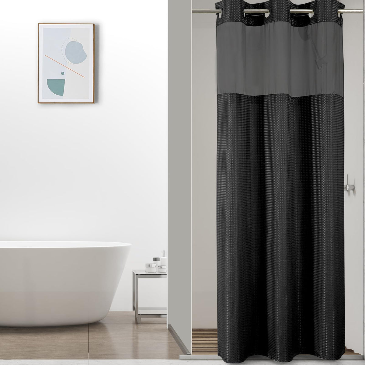 Colorful Star Sage Green No Hook Waffle Shower Curtain Set, 72 x 75 Inch