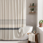 AmazerBath Boho Shower Curtain, Modern Farmhouse Shower Curtain Set with Tassels, Rustic Faux Linen Green Striped Shower Curtain with Hooks, Light Tan Toned, 72x72 Inches