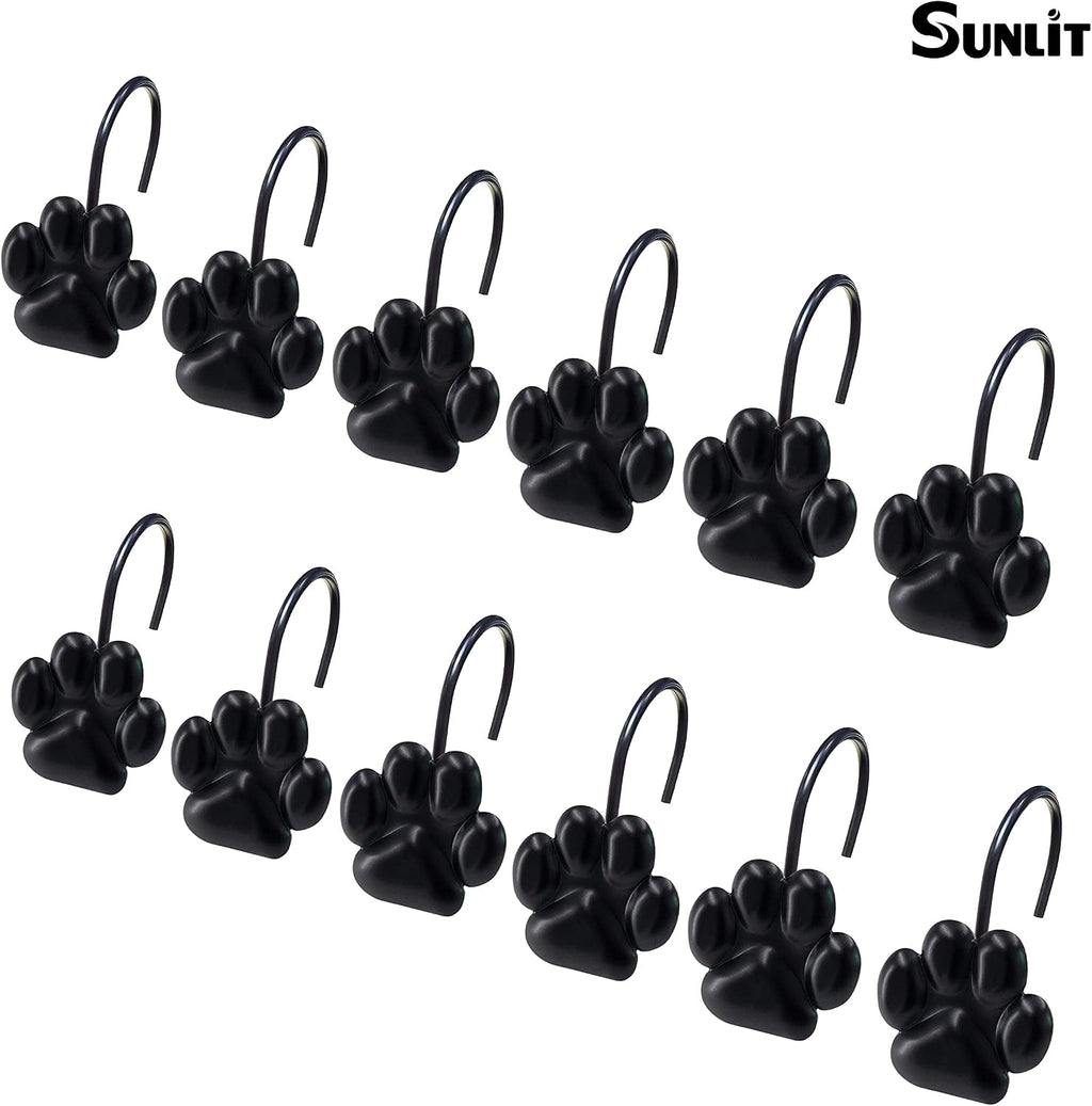 Sunlit Fashion Design Cute Paw Print Polished Shower Curtain Hooks for Dog Cat and Bear, Rust Proof Oil Metal Shower Curtain Rings, Black-12 Pack