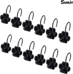 Sunlit Fashion Design Cute Paw Print Polished Shower Curtain Hooks for Dog Cat and Bear, Rust Proof Oil Metal Shower Curtain Rings, Black-12 Pack