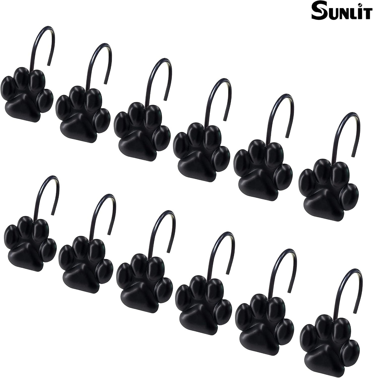 Sunlit Fashion Design Cute Paw Print Polished Shower Curtain Hooks for Dog Cat and Bear, Rust Proof Oil Metal Shower Curtain Rings, Black-12 Pack