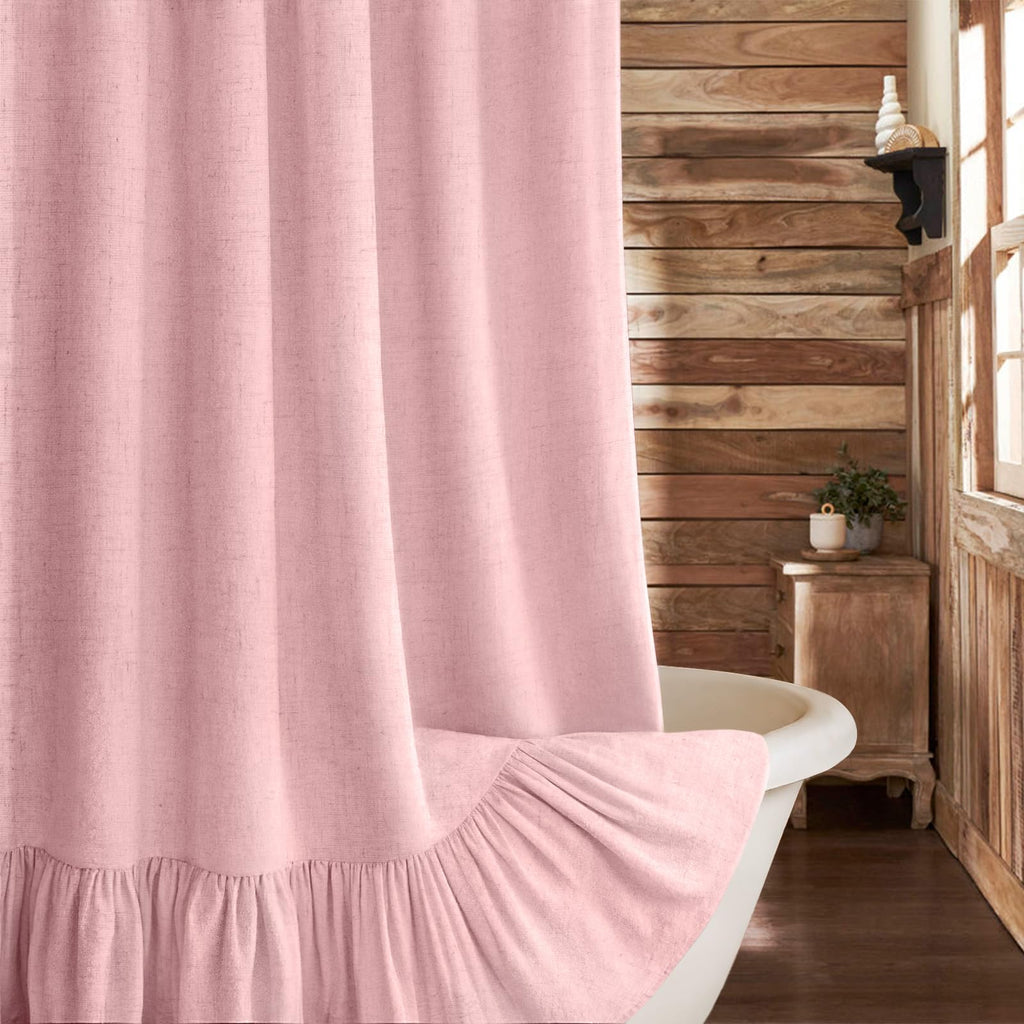 Farmhouse Shower Curtain Ruffle Linen Cream-Brown Stripe 72"W x 84"L
