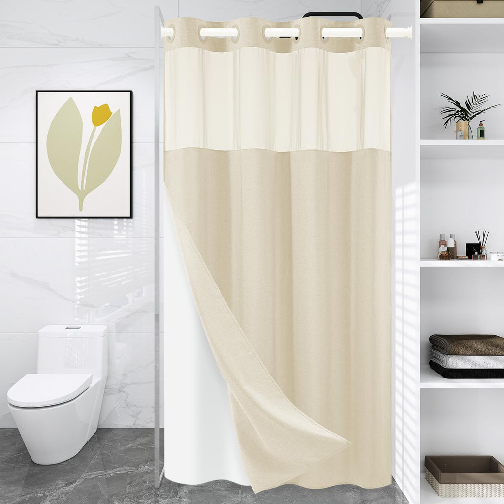 WONICY Hook-Free Shower Curtain with Snap-in Liner, Cream, 71 x 74