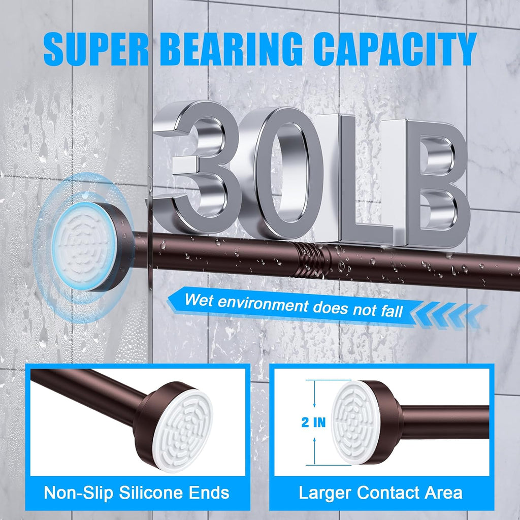 TEECK Shower Curtain Rod, 32-80 inch Adjustable Spring Tension Curtain Rod, Never Rust Anti-Slip Shower Curtain Rod for Bathroom, No Drilling, Never Collapse, Easy to Use, Brown