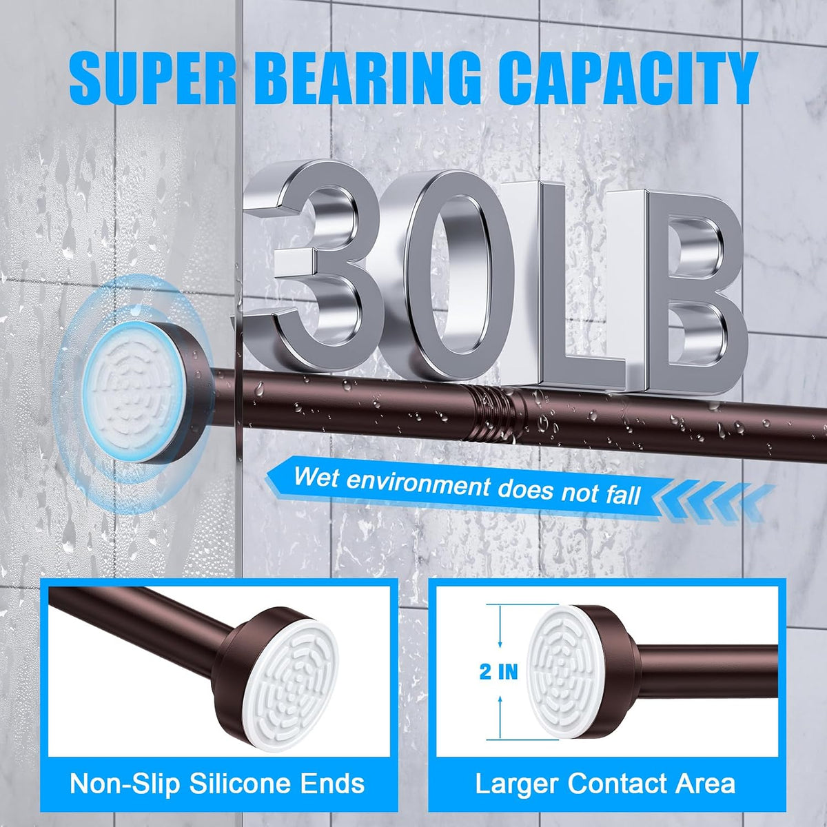 TEECK Shower Curtain Rod, 32-80 inch Adjustable Spring Tension Curtain Rod, Never Rust Anti-Slip Shower Curtain Rod for Bathroom, No Drilling, Never Collapse, Easy to Use, Brown
