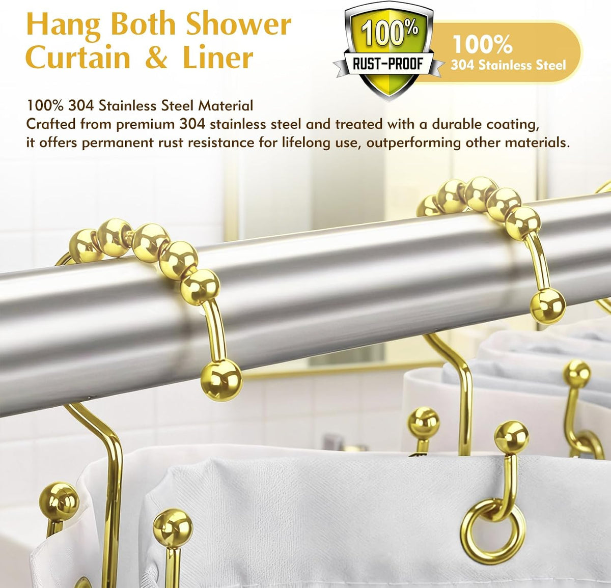 12 Pcs Gold Shower Curtain Hooks, 304 Stainless Steel Shower Curtain Hooks