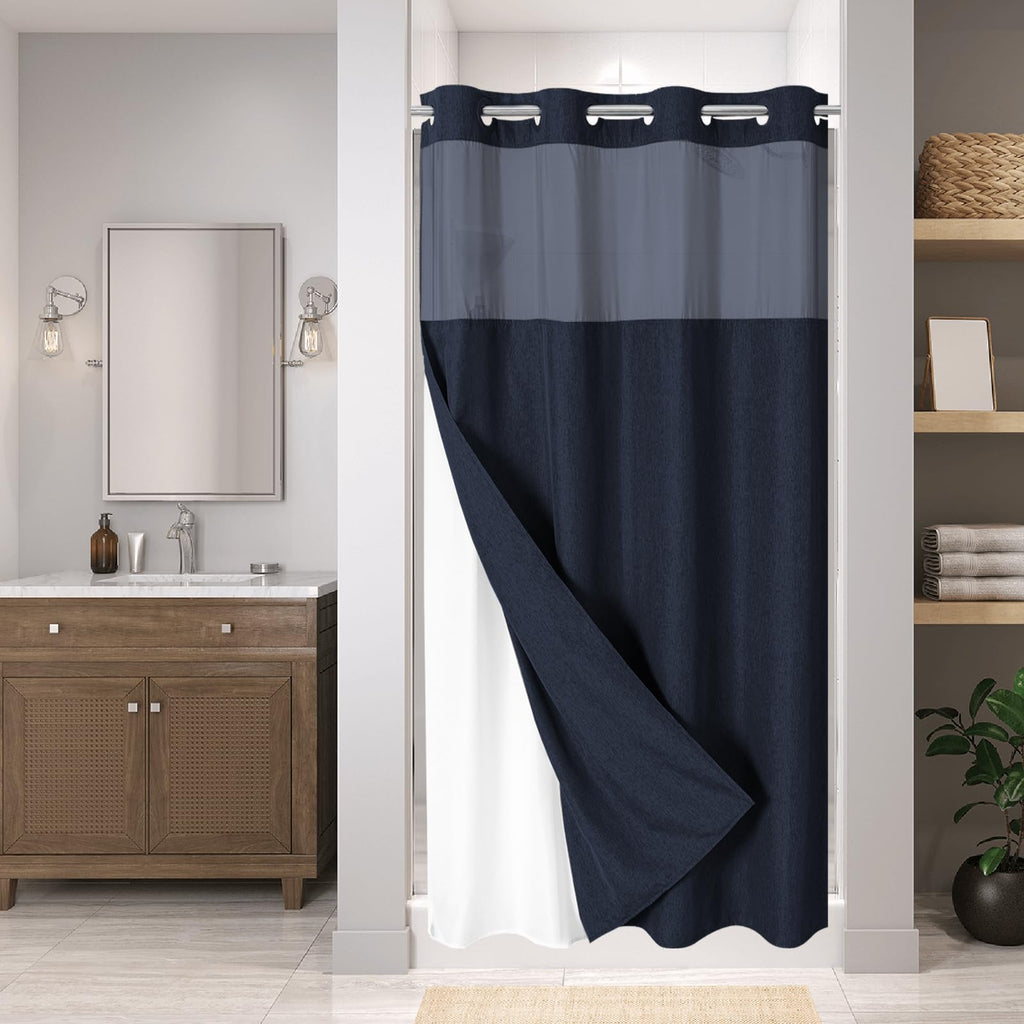 Eachope No Hooks Polyester Textured Shower Curtain with Snap-in Fabric Liner Set, Hotel Luxury Decor Shower Curtains for Bathroom with See Through Top Window, Waterproof & Washable, 71Wx74H, Cream