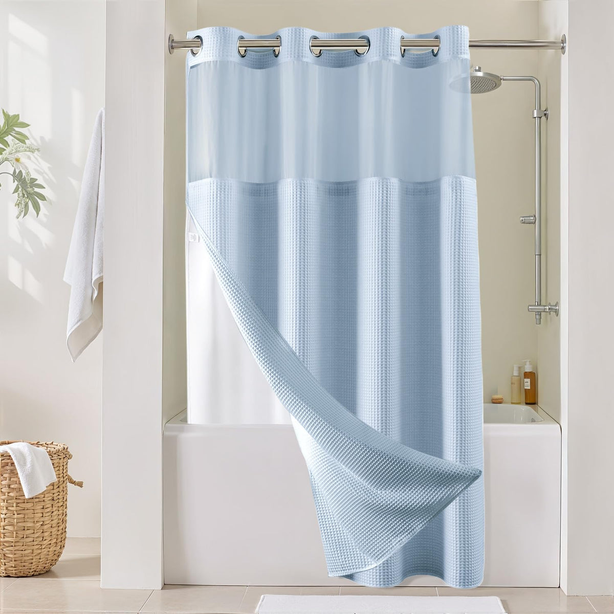 River Dream Cotton Blend Fabric Shower Curtain Set with Liner, White, 54x80