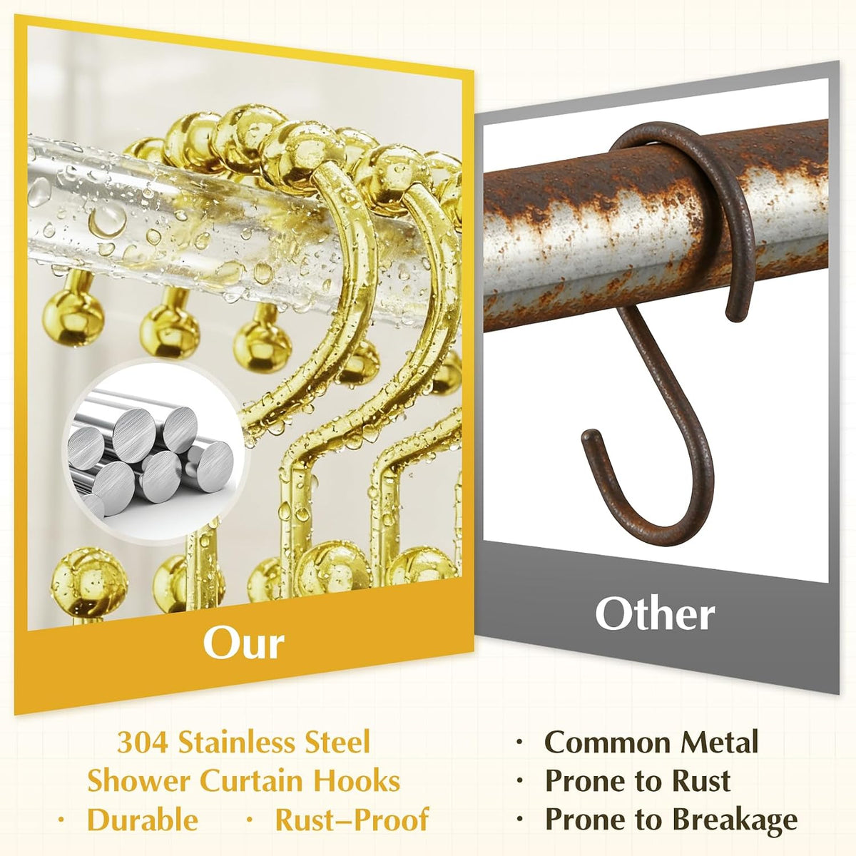 12 Pcs Gold Shower Curtain Hooks, 304 Stainless Steel Shower Curtain Hooks