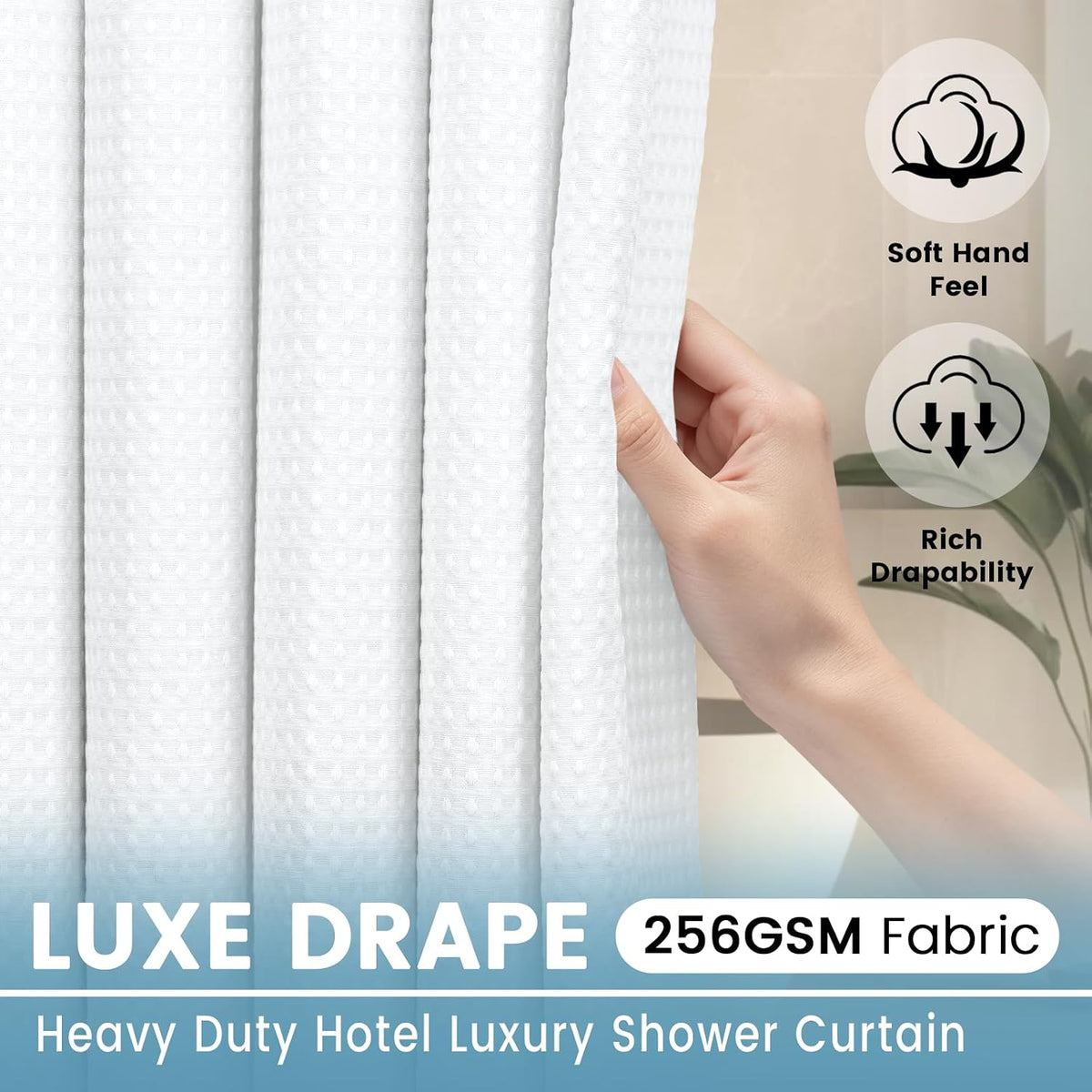 256GSM Heavyweight Ringless Waffle Shower Curtain with Liner, 71x74, White