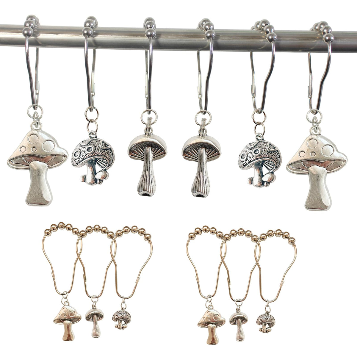 Mushroom Shower Curtain Hooks, 12Pcs Rustproof Metal Cute Retro Mushroom Shower Curtain Hooks Rings for Boho Fairy Forest Country Cottagecore Style Home Bathroom Decor (Bronze)