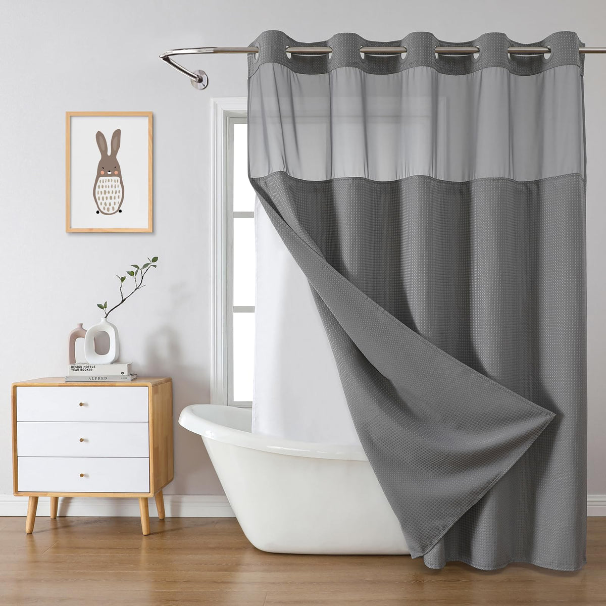 eachope No Hook Waffle Shower Curtain with Snap-in Liner, 71x74 Inch, White