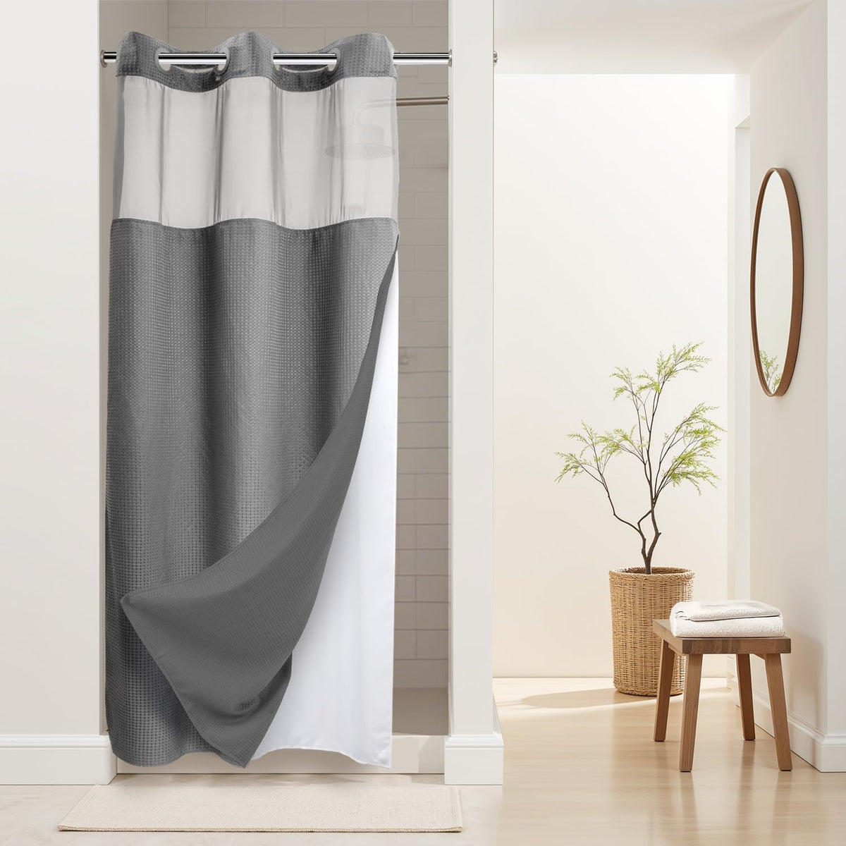 RiverDream Heavyweight Waffle No Hook Shower Curtain with Liner,White,71x74