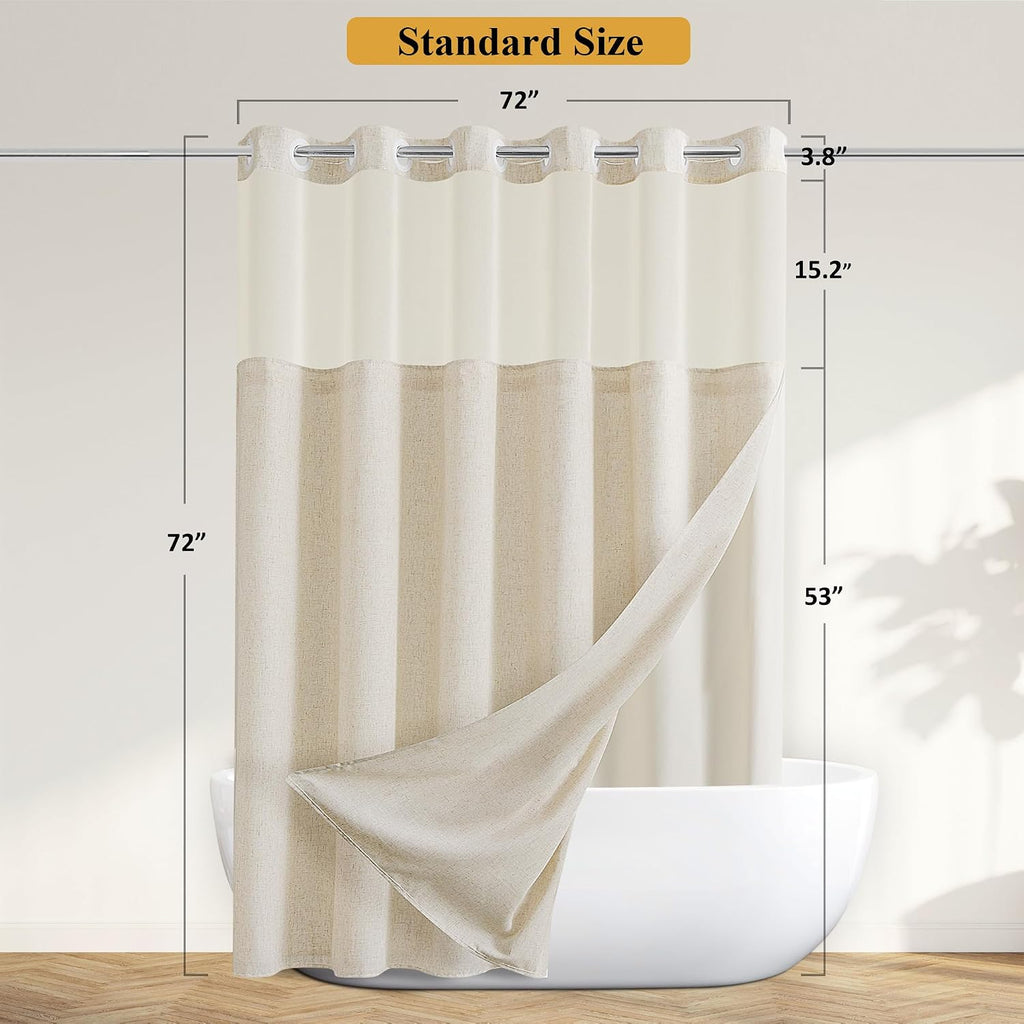 Jowels No Hooks Natural Linen Fabric Shower Curtains for Bathroom 72 Inches